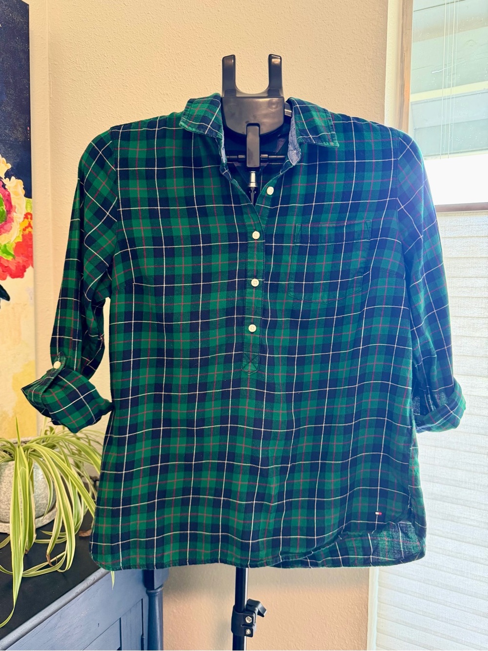 Tommy Hilfiger Green Navy Plaid Cotton Popover Shirt Roll Tab Sleeve M